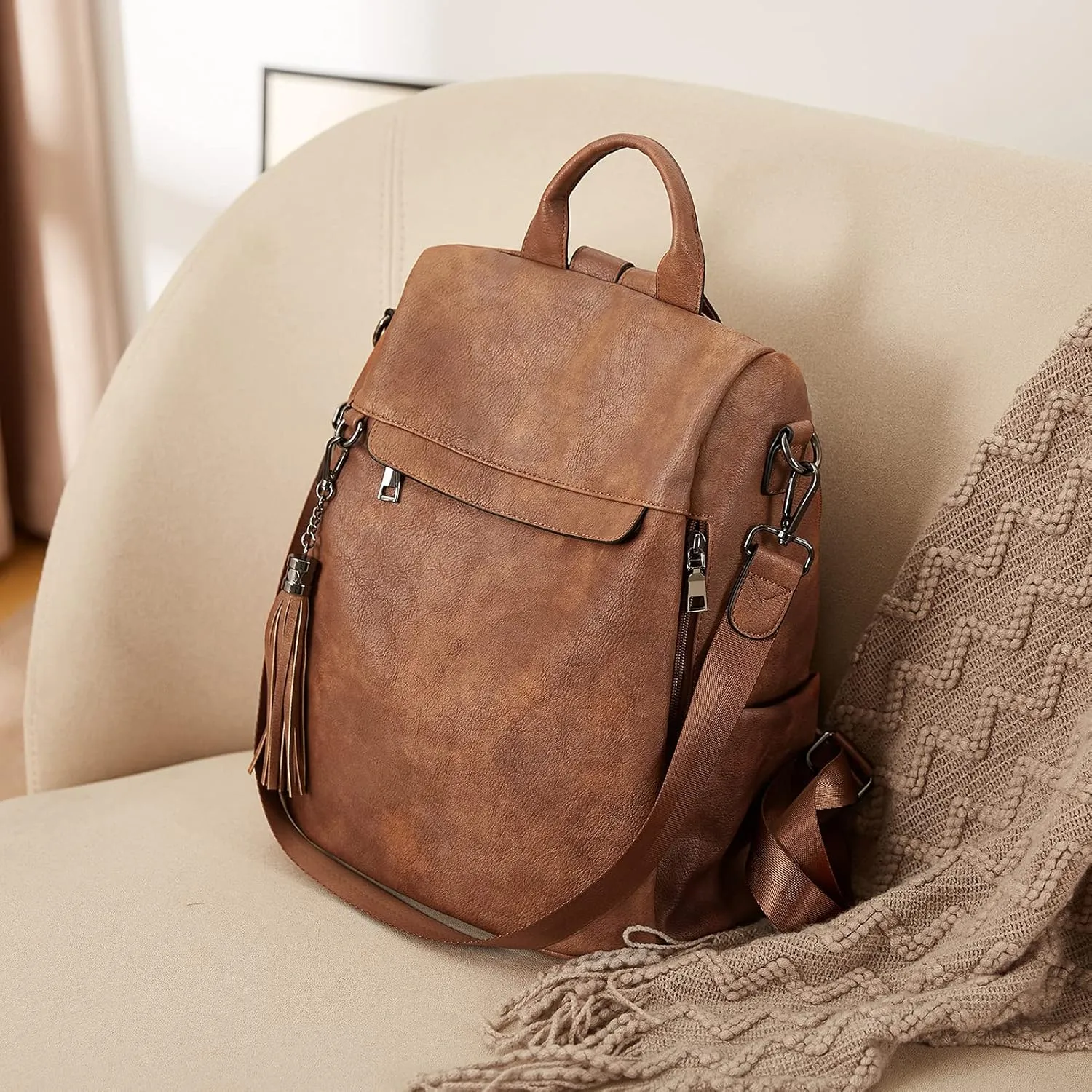 BROMEN Backpack Purse for Women Leather Anti-theft Travel Fashion Shoulder Bag Retro Brown