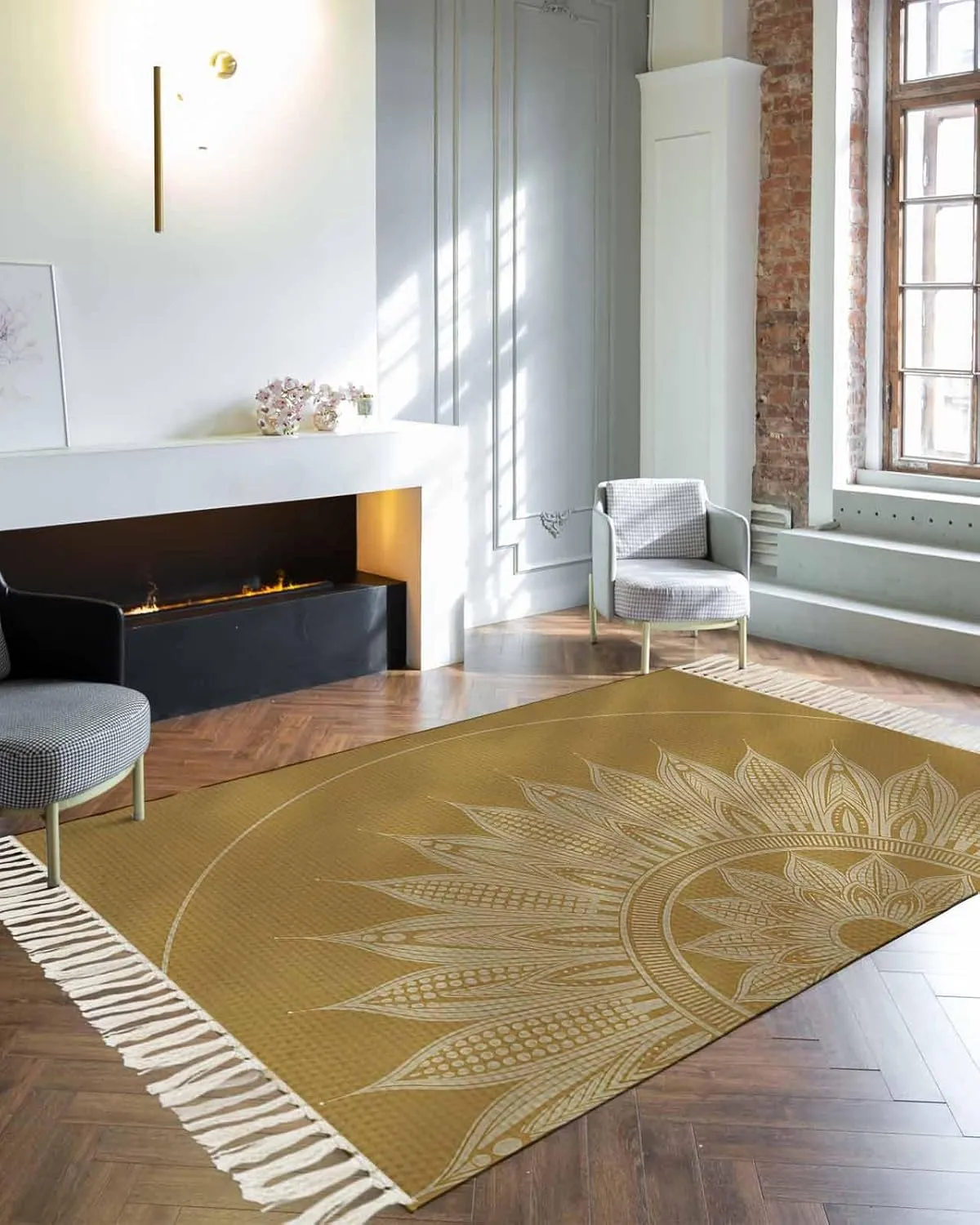 Brown Boho Large Runner Rug 4X6 Ft Living Room Area Rug, Washable Woven Throw Carpet with Tassel, Middle Century Abstract Floral Ethnic Art Non-Shedding Bedroom Office Carpets