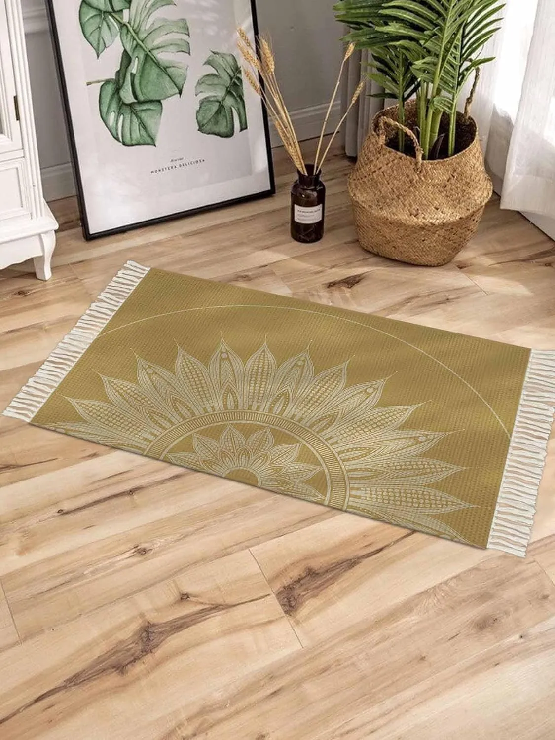 Brown Boho Large Runner Rug 4X6 Ft Living Room Area Rug, Washable Woven Throw Carpet with Tassel, Middle Century Abstract Floral Ethnic Art Non-Shedding Bedroom Office Carpets