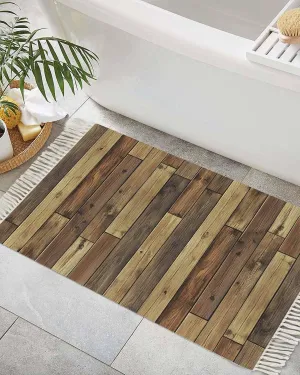 Brown Entryway Rug 2X3 Ft Bathroom Mat, Washable Woven Vintage Country Wooden Grain Throw Carpet with Tassel, Non-Shedding Farmhouse Cabin Retro Plank Stitching Art Indoor Outdoor Kitchen Doormats