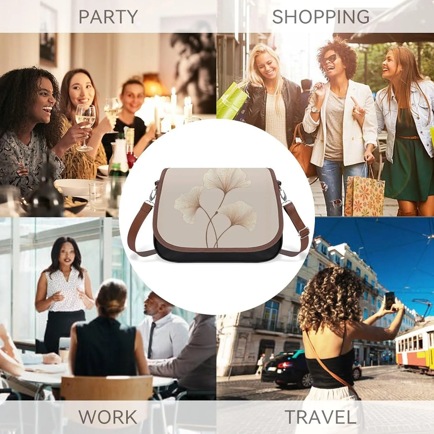 Brown Ginkgo Leaves Crossbody Bags for Women Travel Shoulder Bag Small Leather Cross Body Handbags