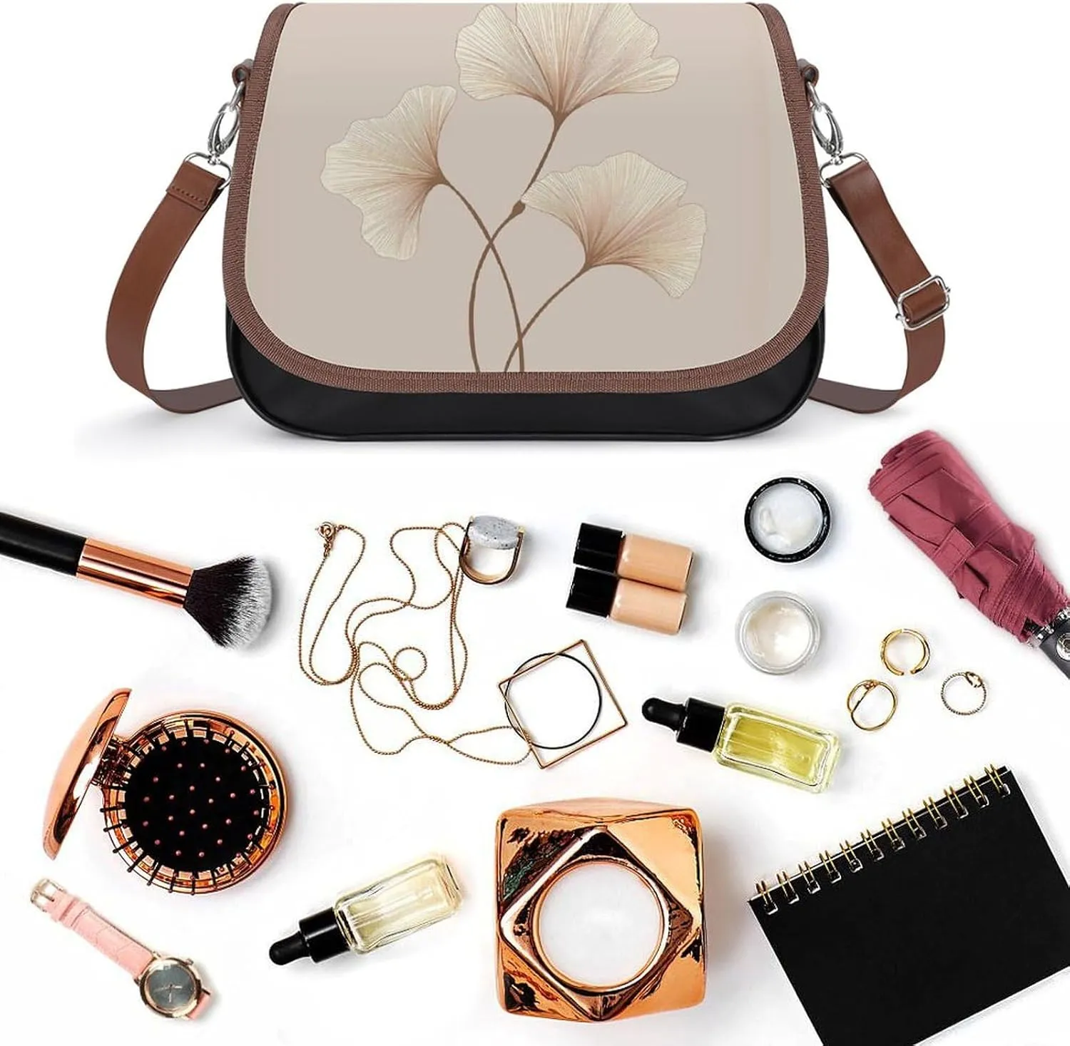 Brown Ginkgo Leaves Crossbody Bags for Women Travel Shoulder Bag Small Leather Cross Body Handbags