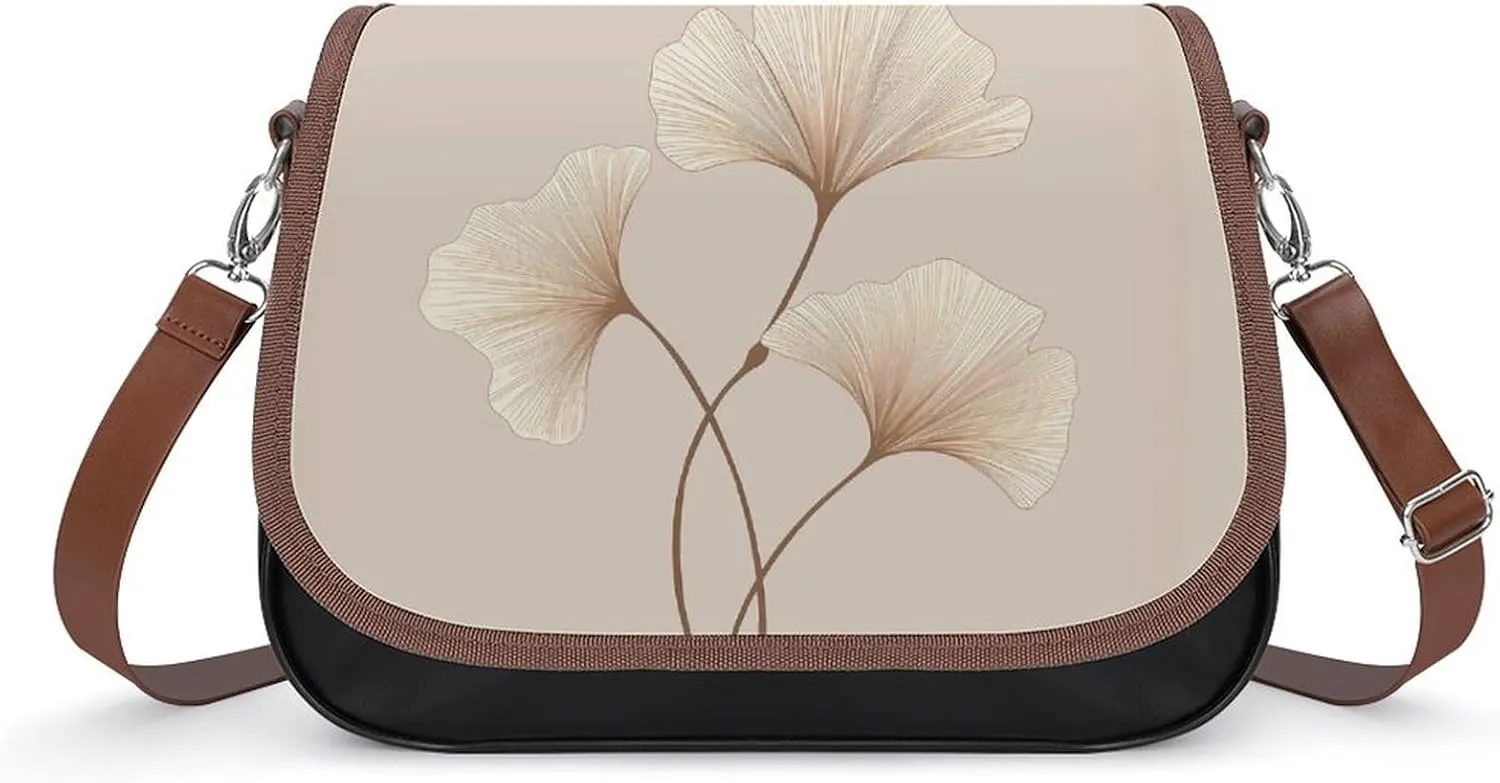 Brown Ginkgo Leaves Crossbody Bags for Women Travel Shoulder Bag Small Leather Cross Body Handbags