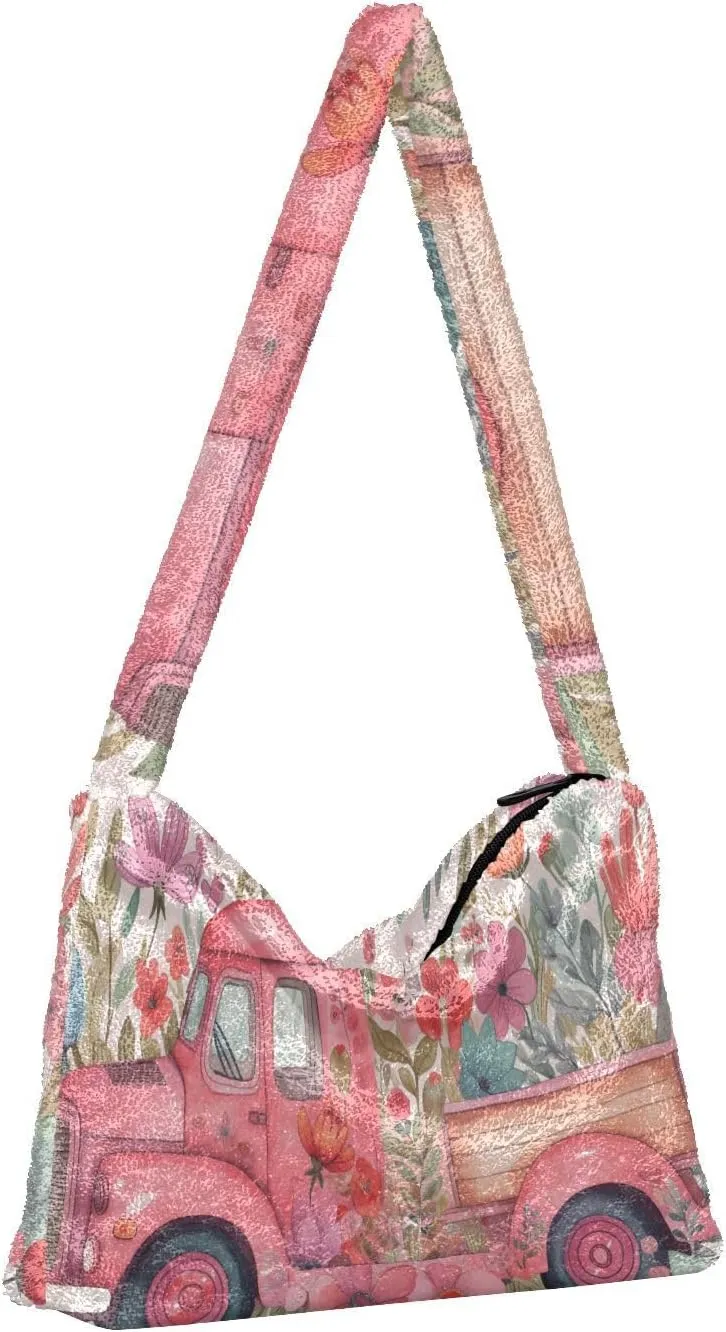 Butterflies and Flowers Red Truck Women Plush Shoulder Bag, Plush under Arm Bag, Womens Outdoor Bag