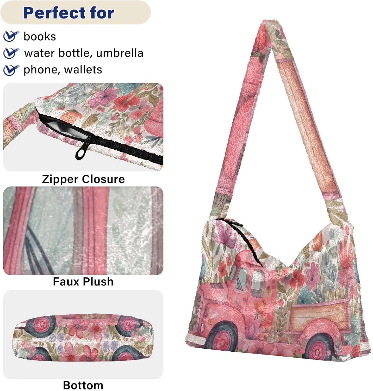 Butterflies and Flowers Red Truck Women Plush Shoulder Bag, Plush under Arm Bag, Womens Outdoor Bag