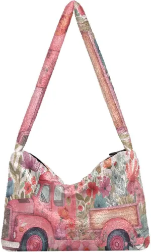 Butterflies and Flowers Red Truck Women Plush Shoulder Bag, Plush under Arm Bag, Womens Outdoor Bag