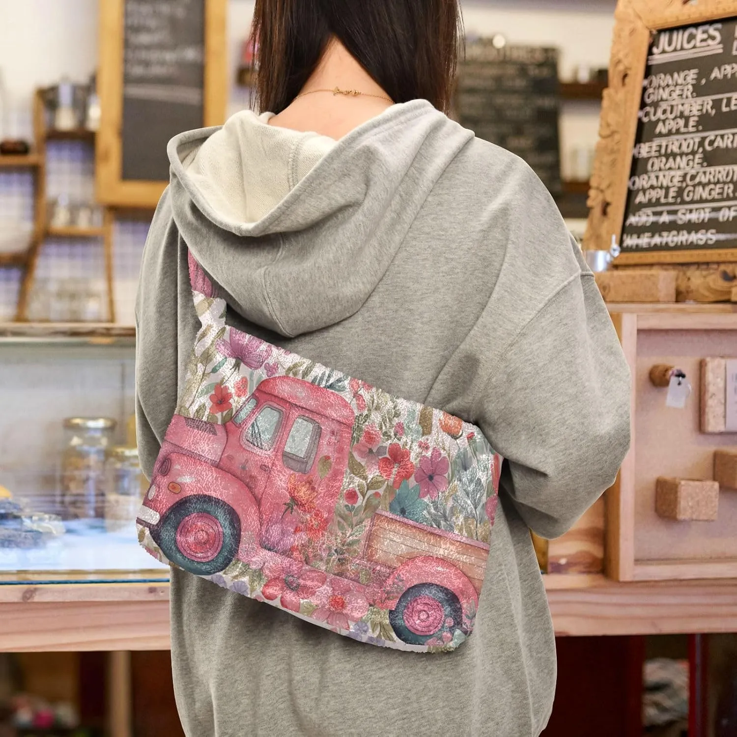 Butterflies and Flowers Red Truck Women Plush Shoulder Bag, Plush under Arm Bag, Womens Outdoor Bag