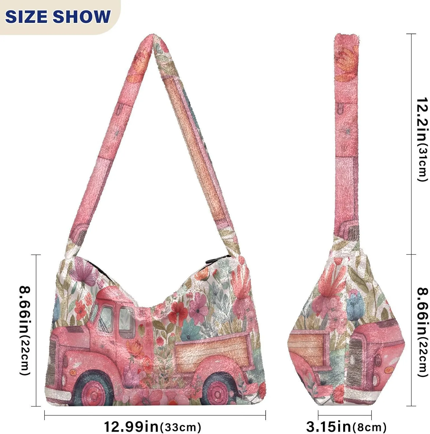 Butterflies and Flowers Red Truck Women Plush Shoulder Bag, Plush under Arm Bag, Womens Outdoor Bag