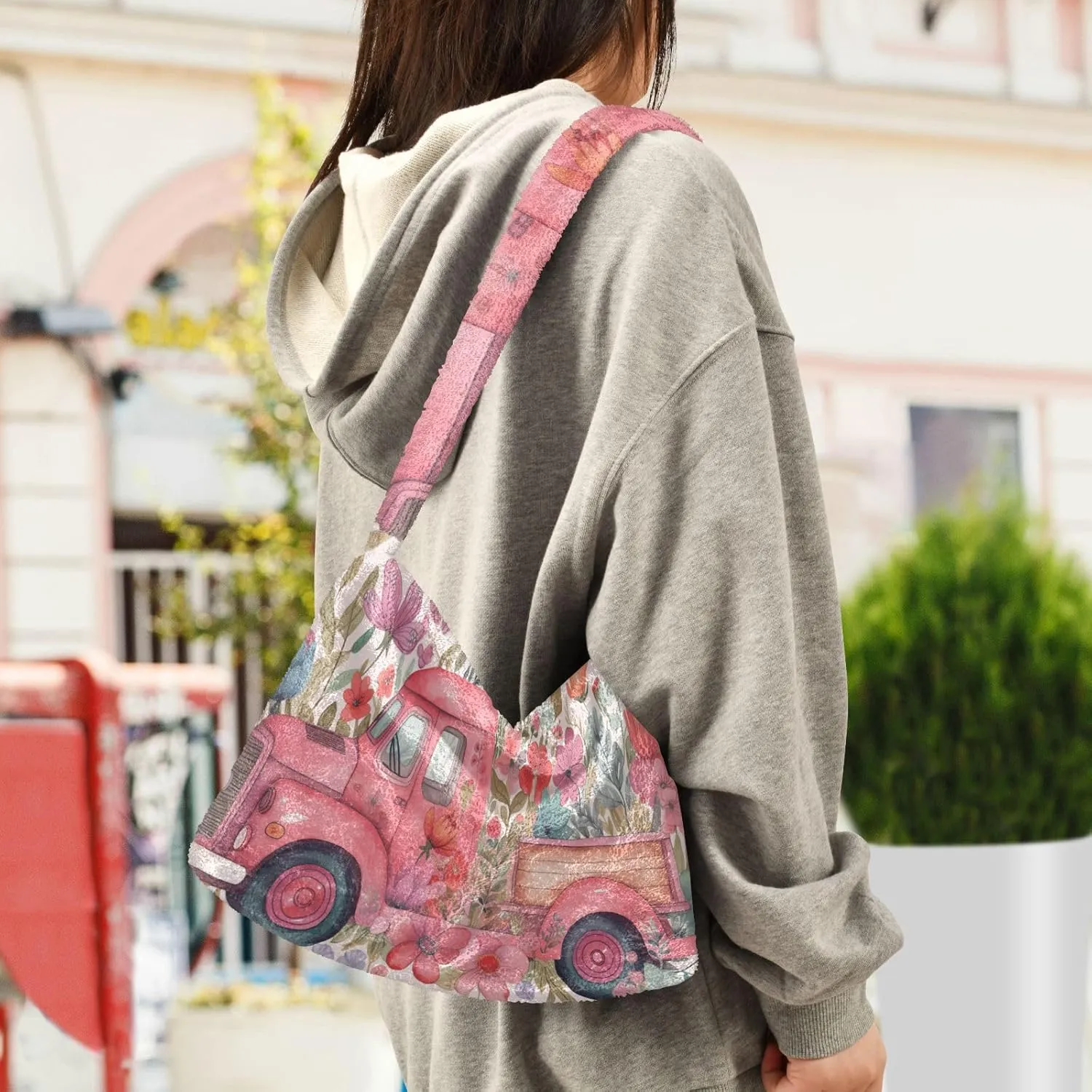 Butterflies and Flowers Red Truck Women Plush Shoulder Bag, Plush under Arm Bag, Womens Outdoor Bag