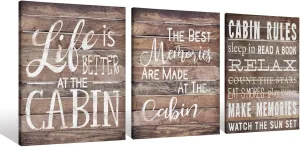 Cabin Rules Life Is Better At The Cabin Canvas Wall Art Prints Artwork Signs Framed for Cabin Front Porch Wall Decor Home Decor,11 X 14 inch Set Of 3,Housewarming Gift,Lake Cabin Canvas Wall Decor