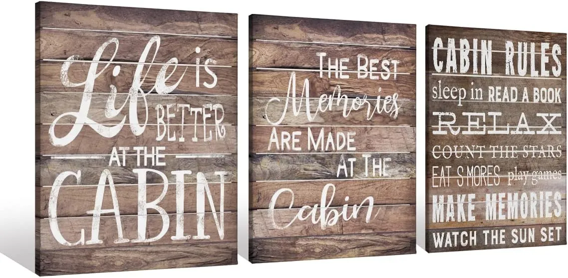 Cabin Rules Life Is Better At The Cabin Canvas Wall Art Prints Artwork Signs Framed for Cabin Front Porch Wall Decor Home Decor,11 X 14 inch Set Of 3,Housewarming Gift,Lake Cabin Canvas Wall Decor