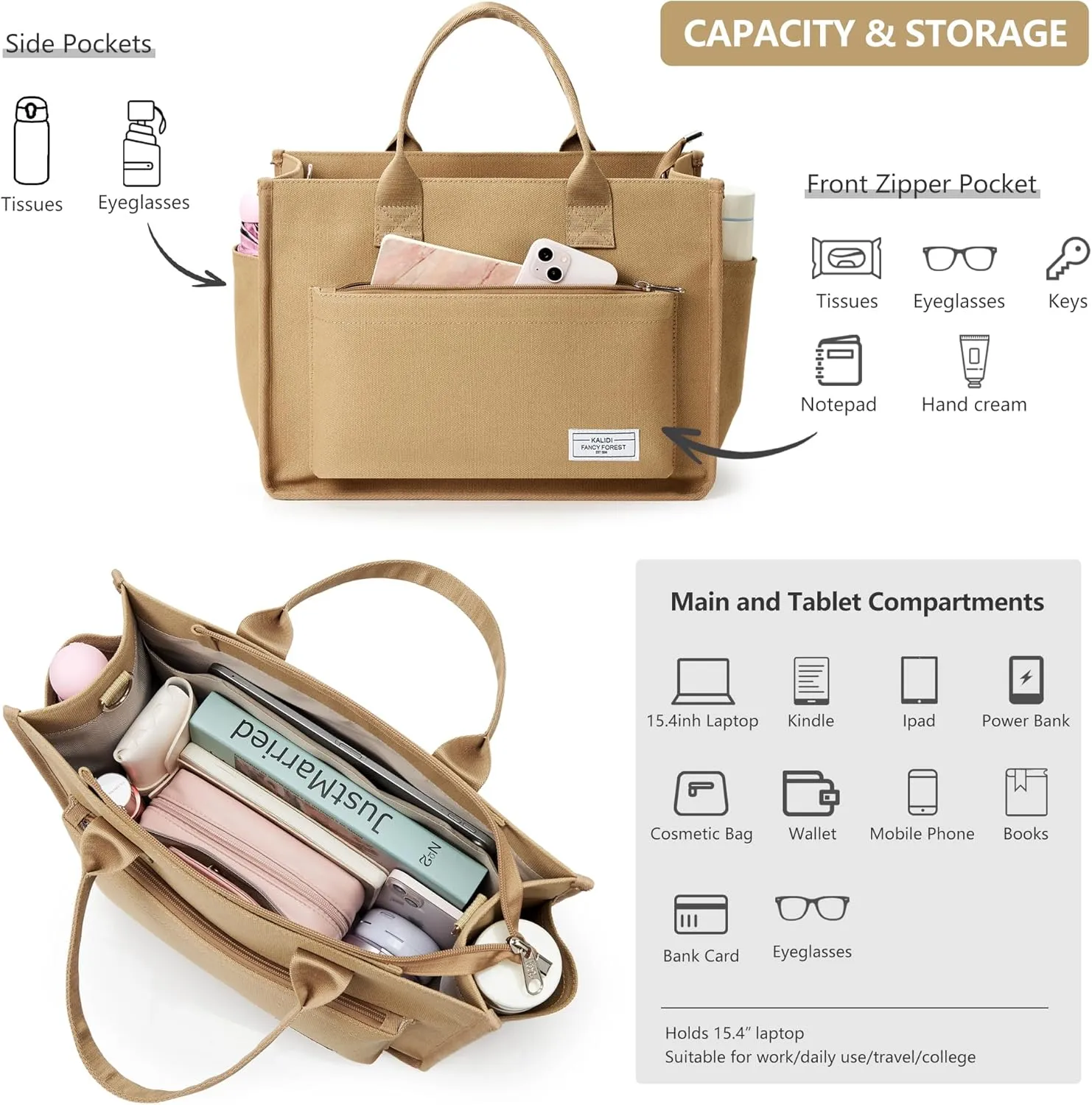 Canvas Tote Bag for Women Shoulder & Crossbody Handbag with Multi Pockets Zipper Ideal for Work Office Travel & Daily Use
