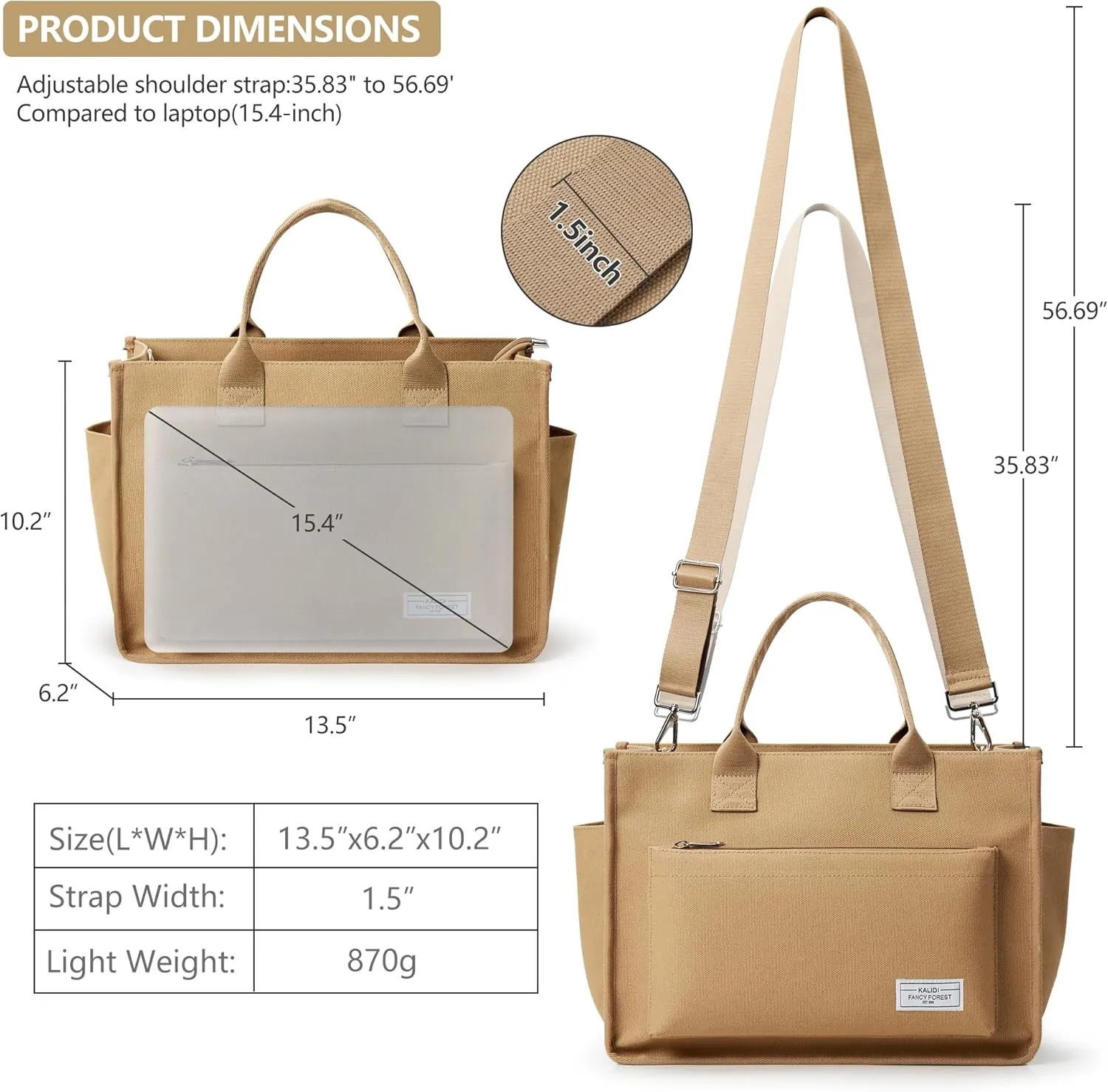 Canvas Tote Bag for Women Shoulder & Crossbody Handbag with Multi Pockets Zipper Ideal for Work Office Travel & Daily Use