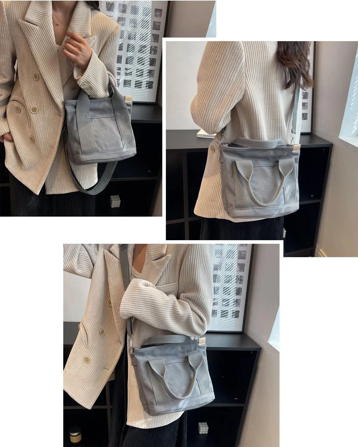 Canvas Tote Bag with Zipper for Women Crossbody Bag Trendy Shoulder Handbag Satchel Hobo Bag Messenger Bag with Compartments