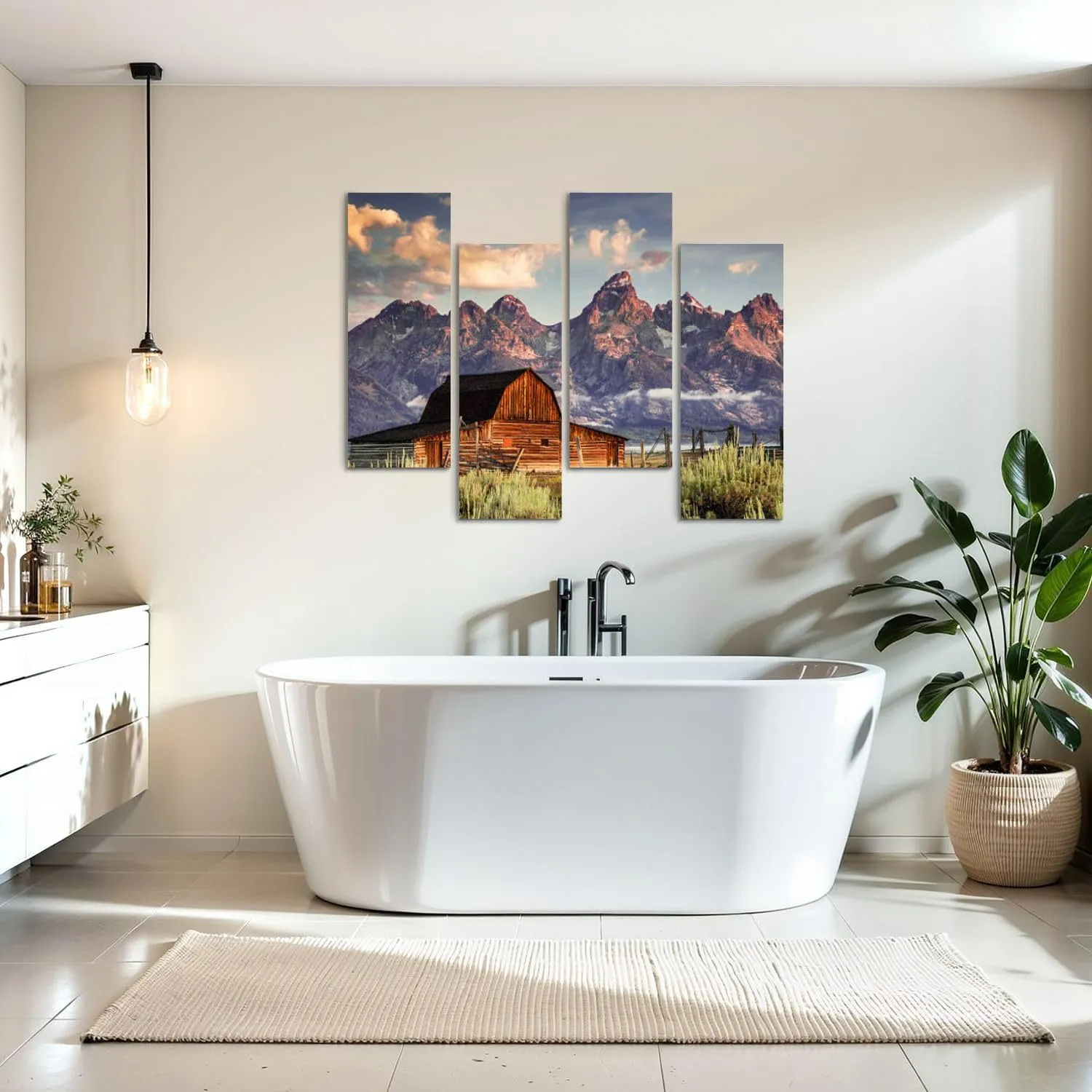 Canvas Wall Art Prints Moulton Barn Tetons Morning Light 4 Piece Framed Wall Art Painting Pictures Artwork Posters Home Decor for Living Room Bedroom Office Gift