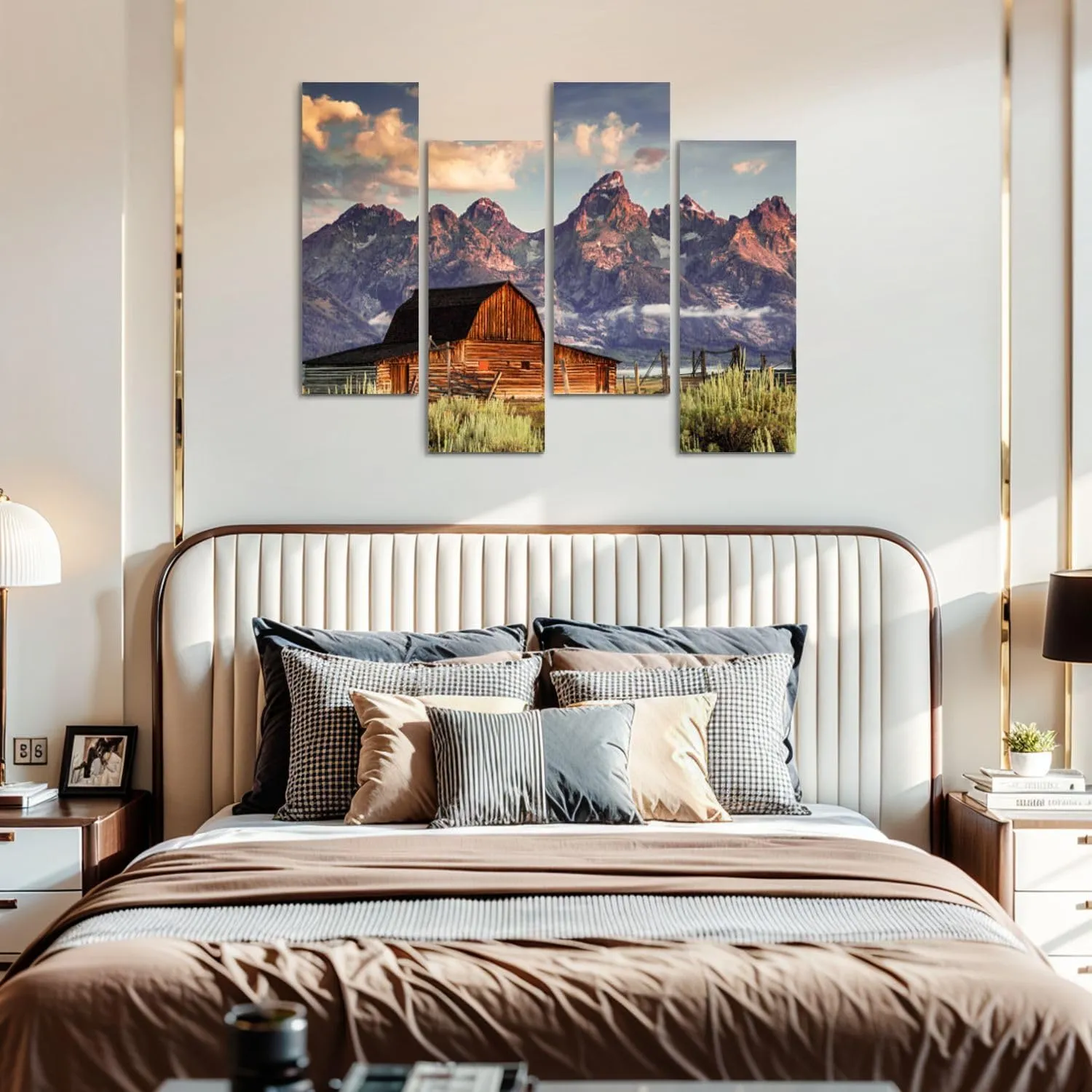 Canvas Wall Art Prints Moulton Barn Tetons Morning Light 4 Piece Framed Wall Art Painting Pictures Artwork Posters Home Decor for Living Room Bedroom Office Gift