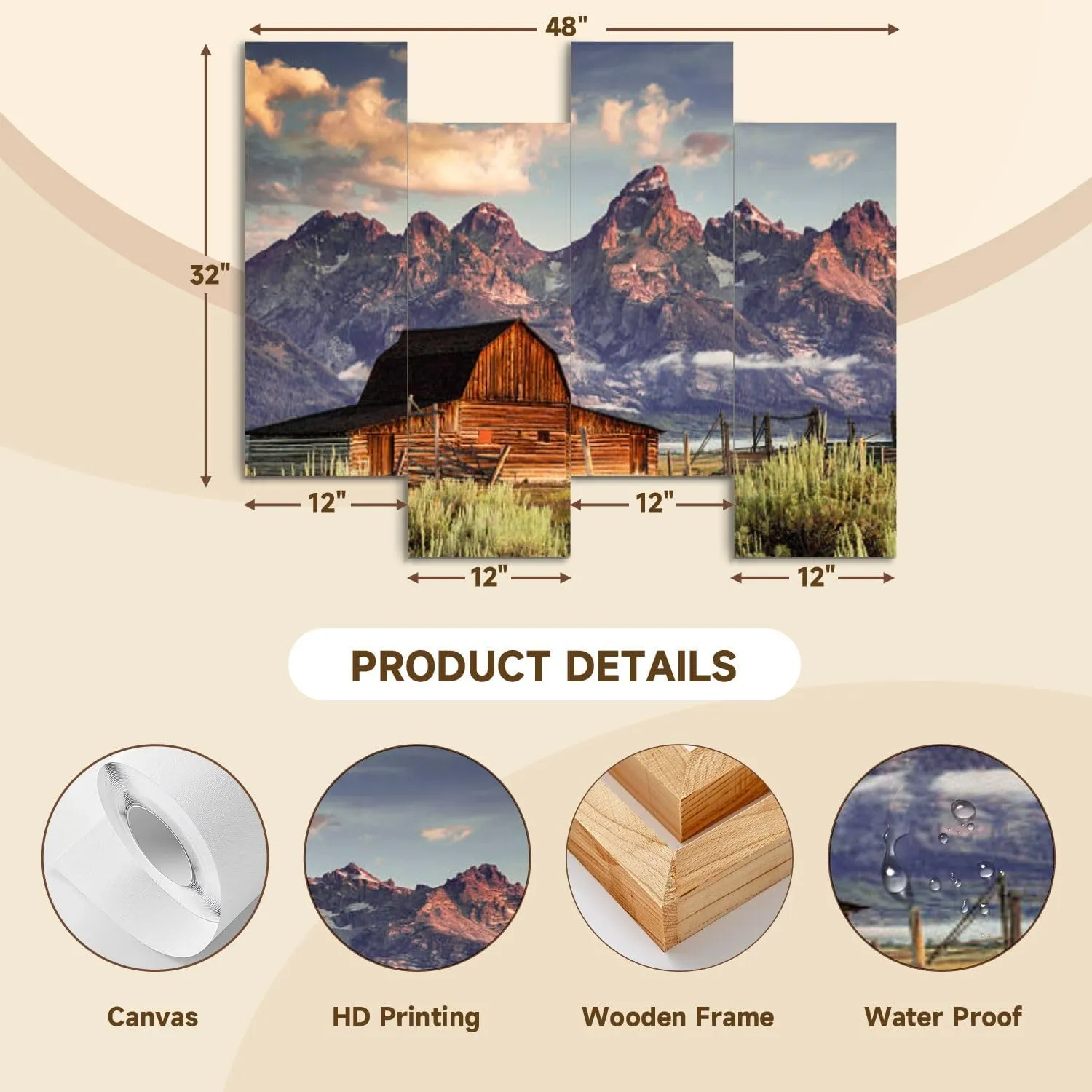 Canvas Wall Art Prints Moulton Barn Tetons Morning Light 4 Piece Framed Wall Art Painting Pictures Artwork Posters Home Decor for Living Room Bedroom Office Gift
