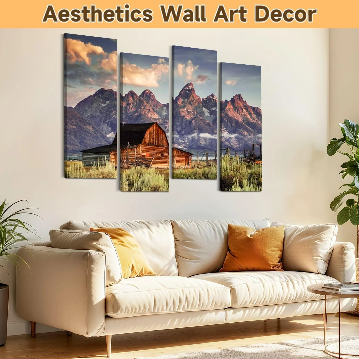 Canvas Wall Art Prints Moulton Barn Tetons Morning Light 4 Piece Framed Wall Art Painting Pictures Artwork Posters Home Decor for Living Room Bedroom Office Gift