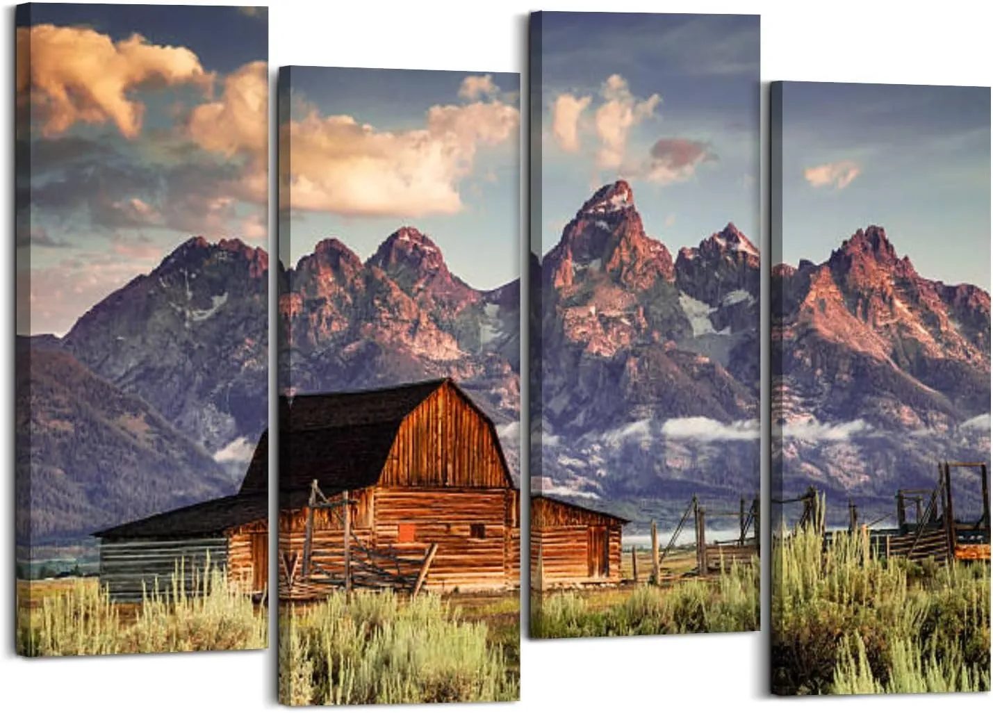 Canvas Wall Art Prints Moulton Barn Tetons Morning Light 4 Piece Framed Wall Art Painting Pictures Artwork Posters Home Decor for Living Room Bedroom Office Gift