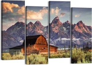 Canvas Wall Art Prints Moulton Barn Tetons Morning Light 4 Piece Framed Wall Art Painting Pictures Artwork Posters Home Decor for Living Room Bedroom Office Gift