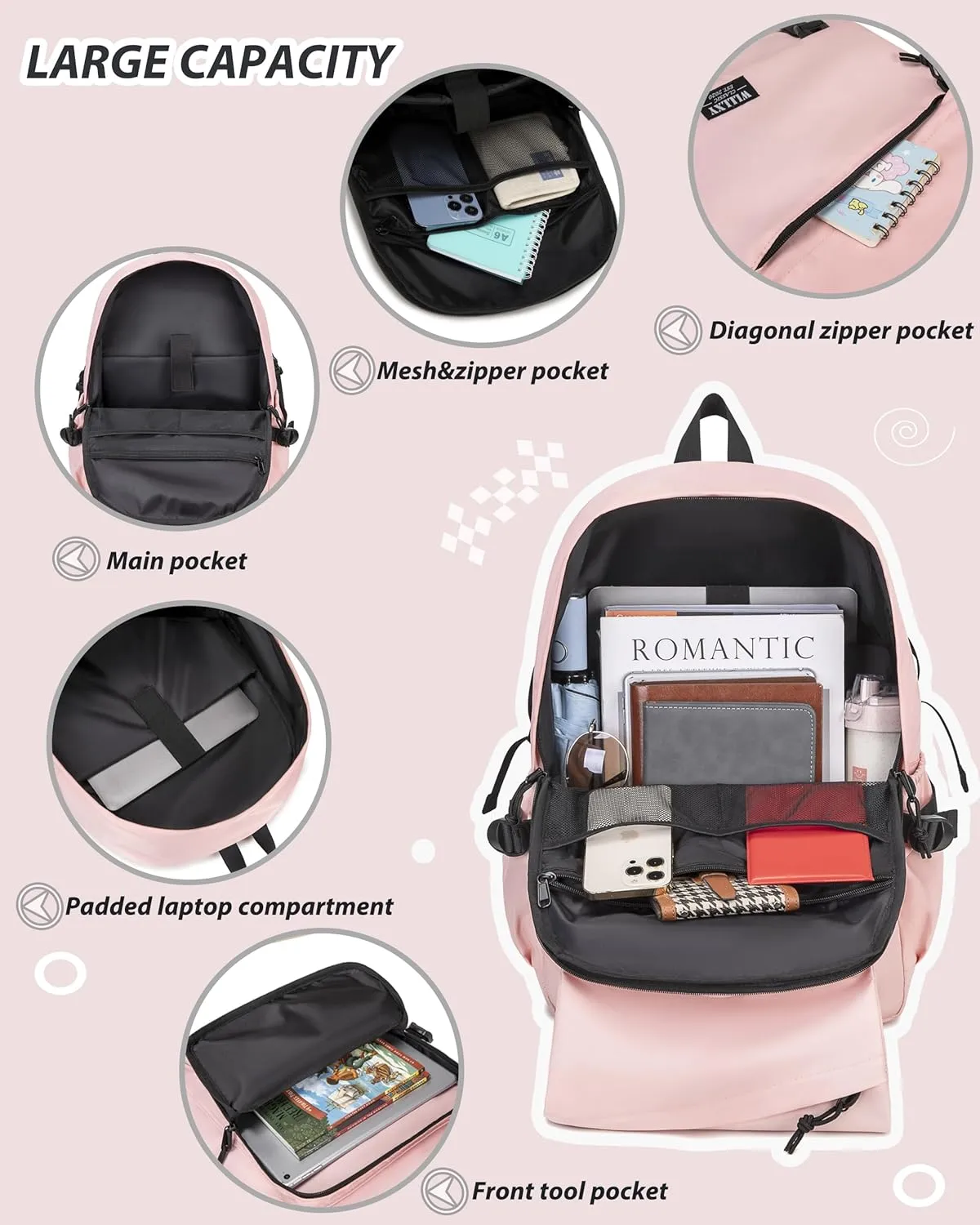 Caoroky knight College School Bag for Men Women Laptop Backpack 15.6 Inch Anti Theft Travel Daypack Large Elementary Middle High Bookbags for Teens Girls Boys Students-Large,Pink