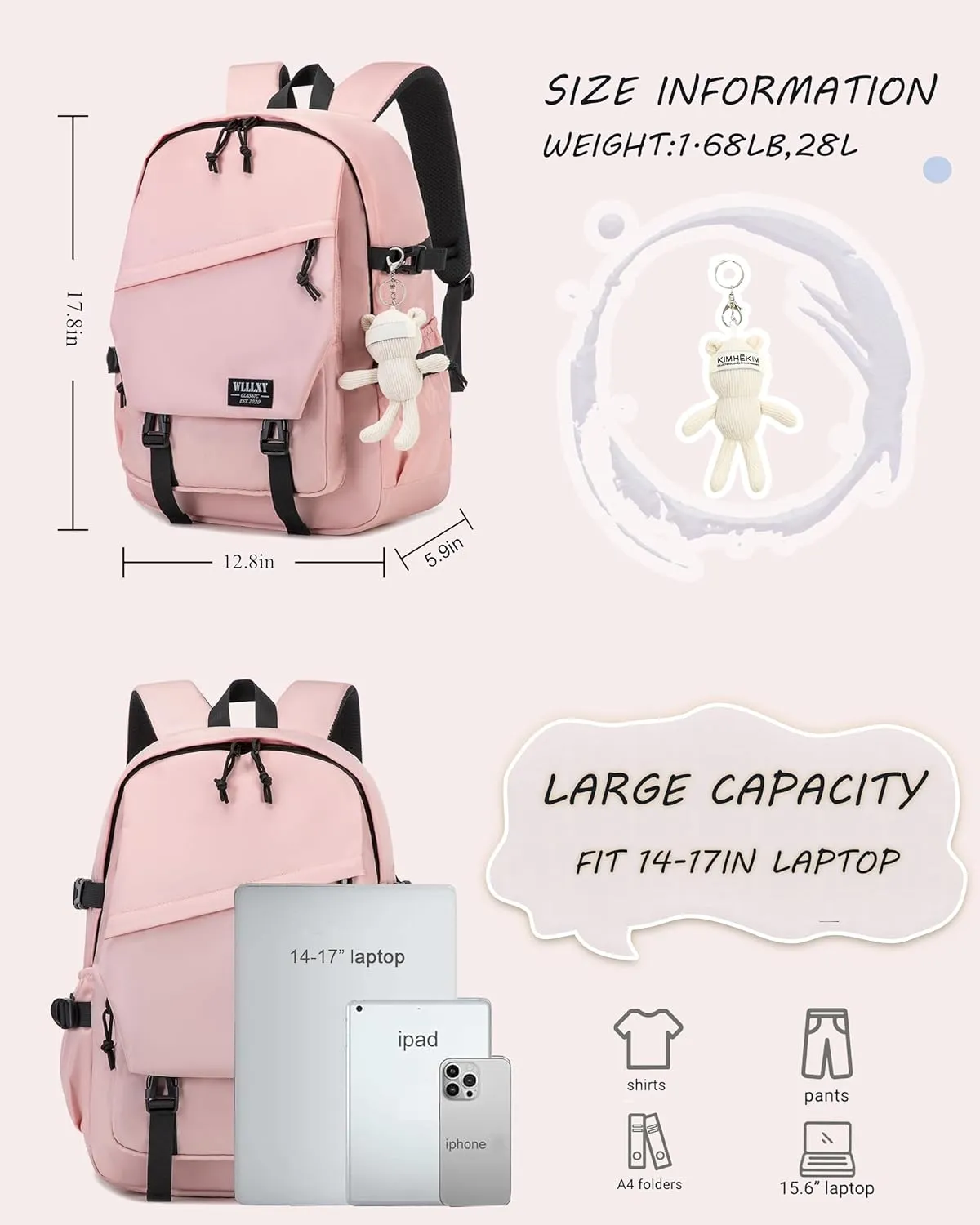 Caoroky knight College School Bag for Men Women Laptop Backpack 15.6 Inch Anti Theft Travel Daypack Large Elementary Middle High Bookbags for Teens Girls Boys Students-Large,Pink