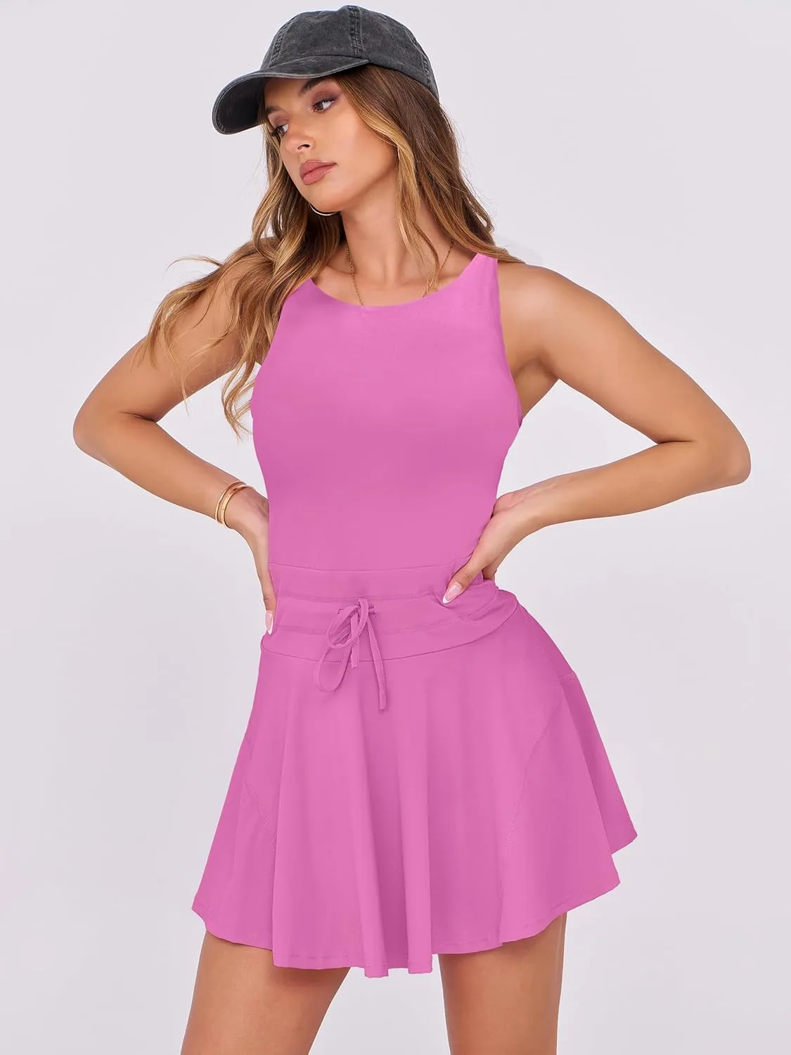 Caracilia Women's Tennis Mini Dresses 2025 Summer Sleeveless Built in Shorts Golf Athletic One Piece Active Romper Dress