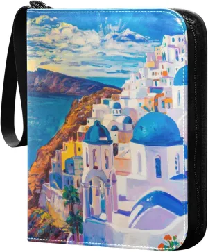 Card Binder 4 Pocket, Trading Card Binder Holder Fits 400 Cards with 50 Sleeves, Card Collection Binder Album Book Holder for Baseball Football Games Cards, Santorini Oil Painting