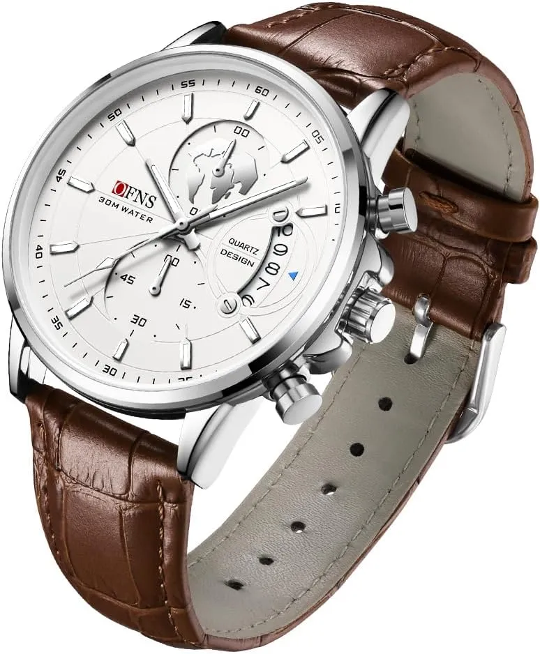 CARLIEN Men's Classic Business Date Calendar Luminous Chronograph Waterproof Watch 3-Hand 12/24 Hour Time Leather Band Wrist Watch