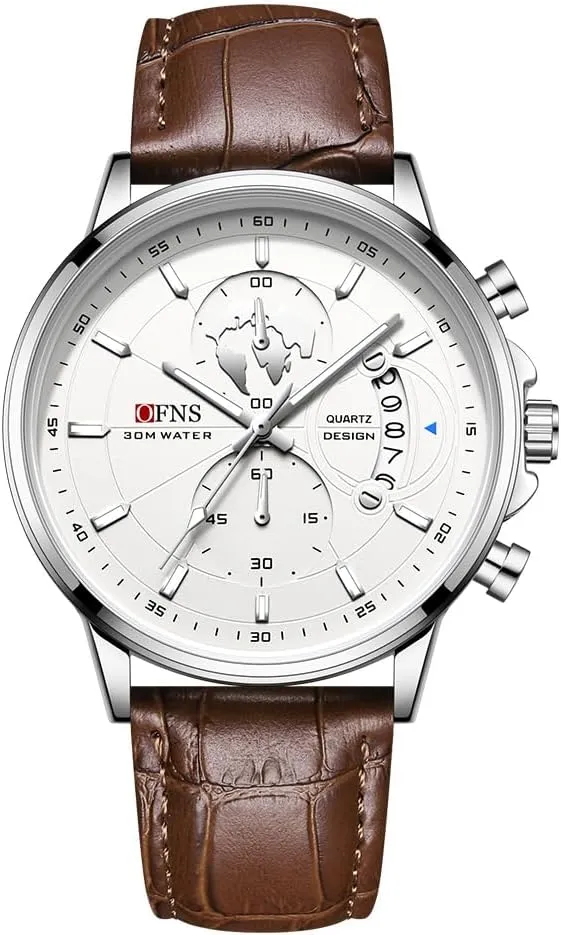 CARLIEN Men's Classic Business Date Calendar Luminous Chronograph Waterproof Watch 3-Hand 12/24 Hour Time Leather Band Wrist Watch