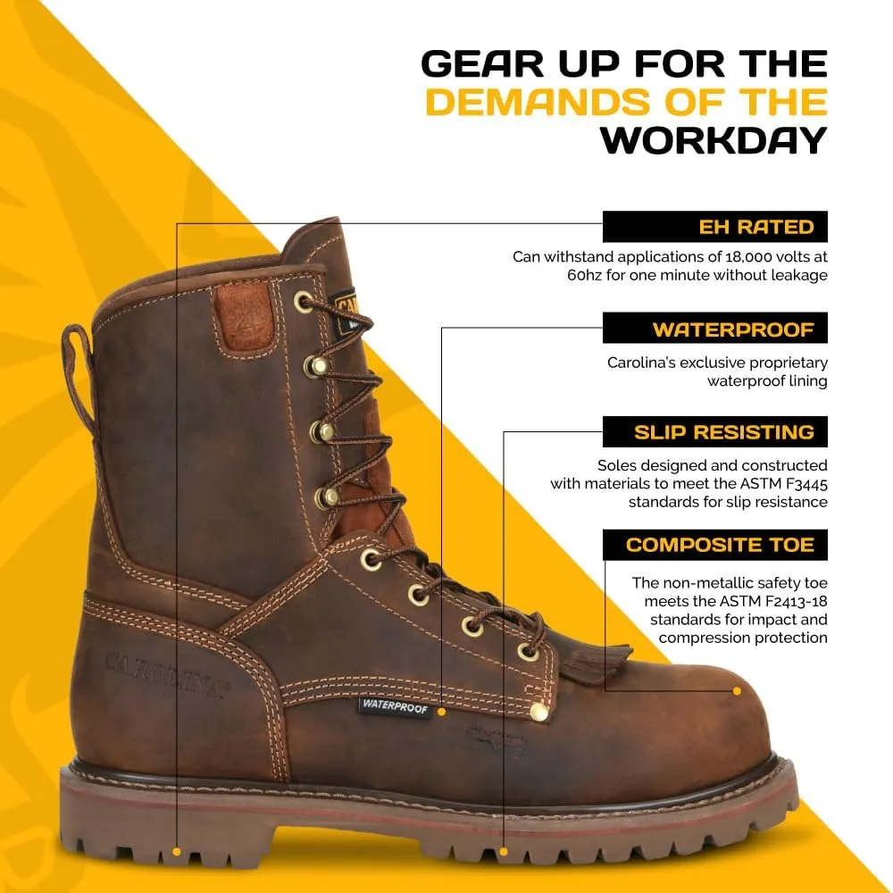 Carolina 28 Series 8" Composite Toe Waterproof Work Boots for Men - Cigar Leather Upper, AG7 Footbed, Removable Kiltie, EH-Rated