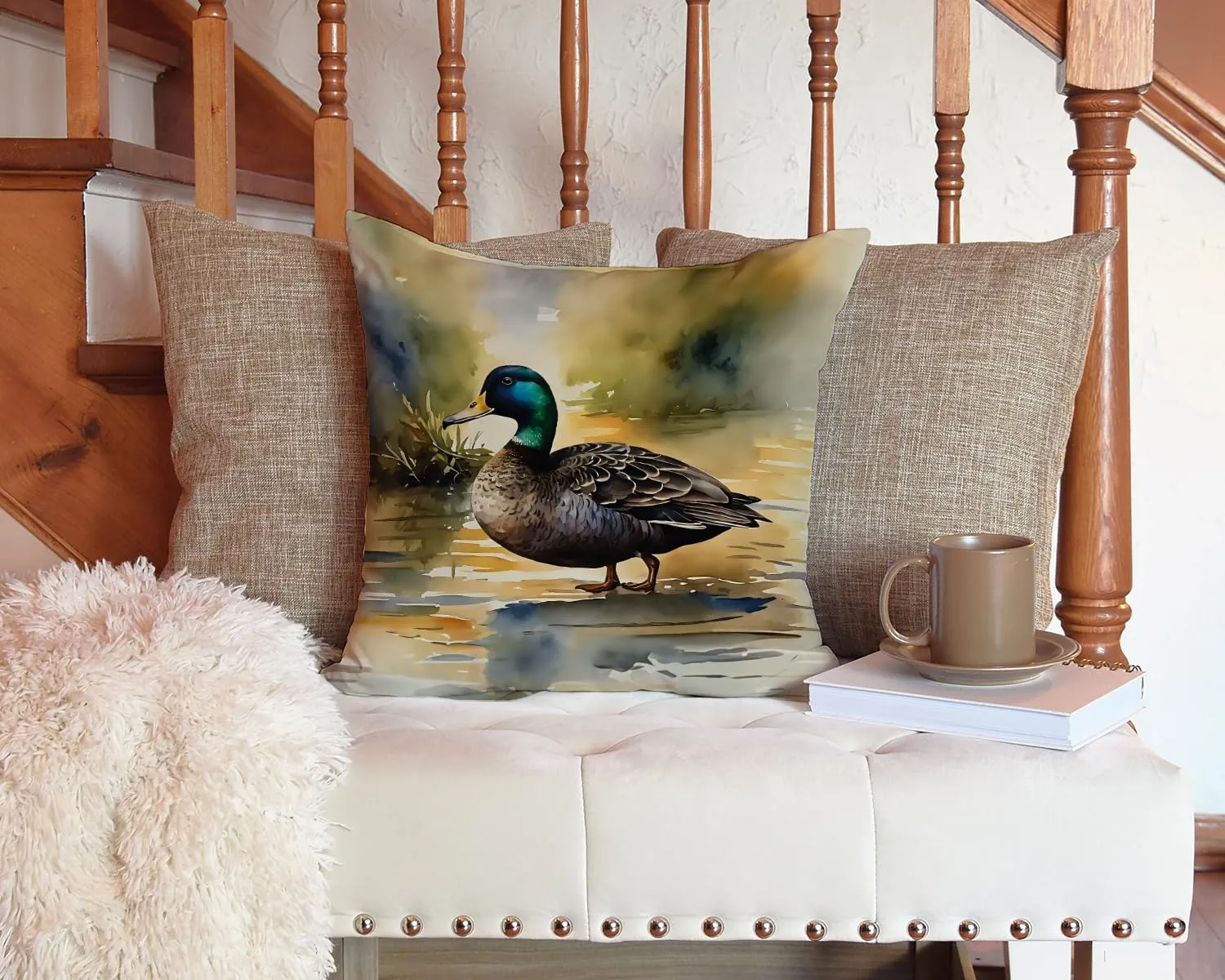 Caroline's Treasures Watercolor Wild Bird Decorative Throw Pillow, 14Hx14W, American Black Duck 3180