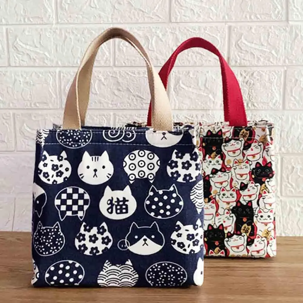 Cartoon canvas women's Japanese insulated handbag lunch box bag lunch bag bento bag (Style D)