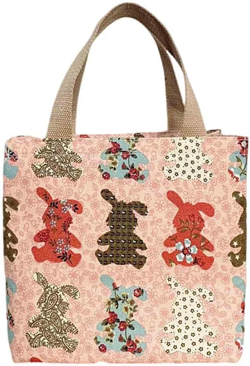 Cartoon canvas women's Japanese insulated handbag lunch box bag lunch bag bento bag (Style D)