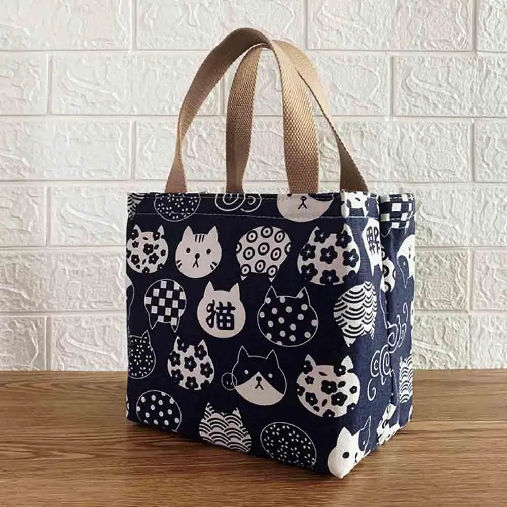 Cartoon canvas women's Japanese insulated handbag lunch box bag lunch bag bento bag (Style D)