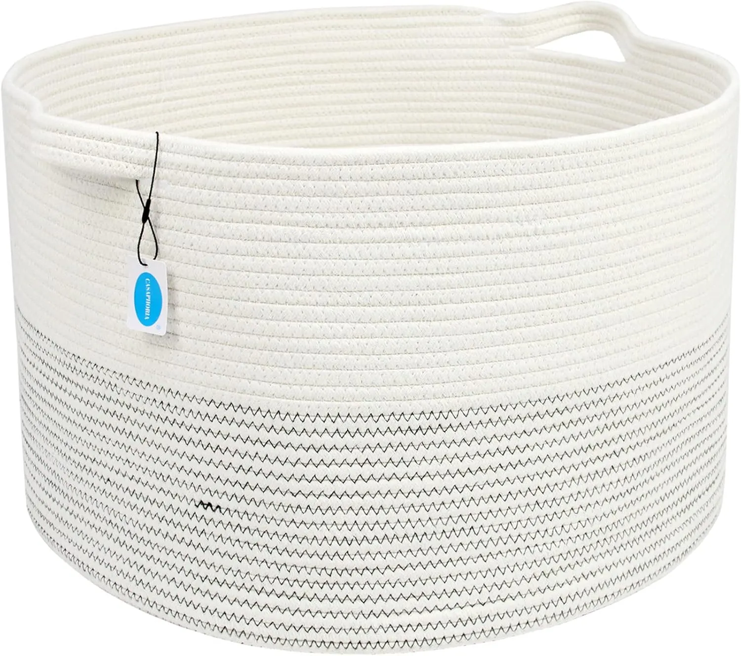 Casaphoria XXXLarge Cotton Rope Basket 21.7" x 21.7" x 13.8" Woven Laundry Basket for Blankets Storage Basket with Handle Comforter Cushions Storage Bins Thread Hamper-Black Stitch, White (MB2021039)
