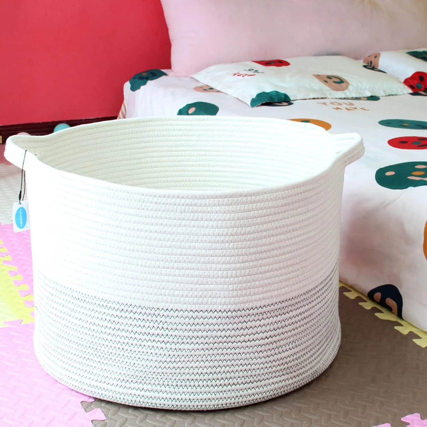 Casaphoria XXXLarge Cotton Rope Basket 21.7" x 21.7" x 13.8" Woven Laundry Basket for Blankets Storage Basket with Handle Comforter Cushions Storage Bins Thread Hamper-Black Stitch, White (MB2021039)