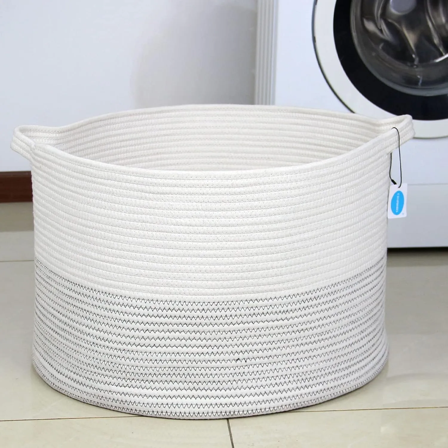 Casaphoria XXXLarge Cotton Rope Basket 21.7" x 21.7" x 13.8" Woven Laundry Basket for Blankets Storage Basket with Handle Comforter Cushions Storage Bins Thread Hamper-Black Stitch, White (MB2021039)