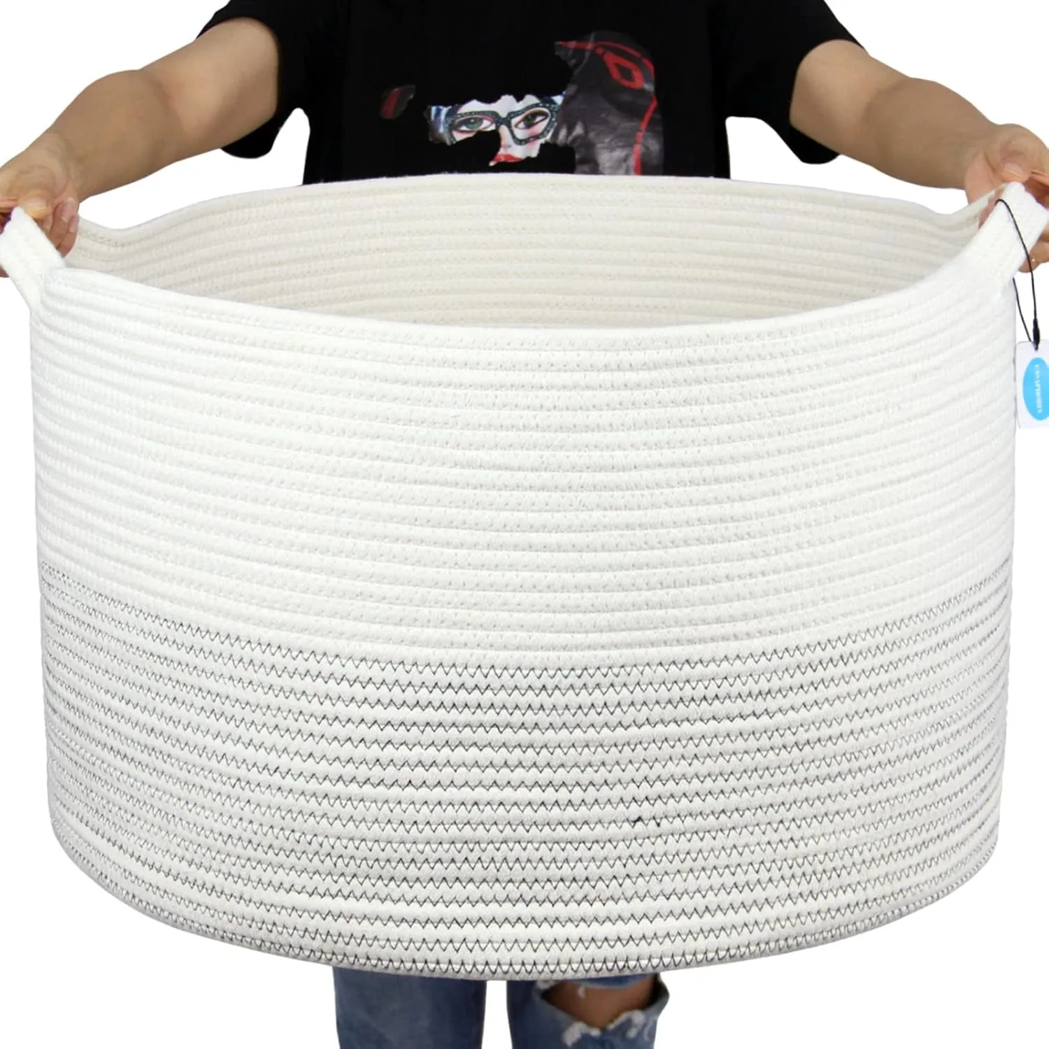 Casaphoria XXXLarge Cotton Rope Basket 21.7" x 21.7" x 13.8" Woven Laundry Basket for Blankets Storage Basket with Handle Comforter Cushions Storage Bins Thread Hamper-Black Stitch, White (MB2021039)