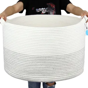 Casaphoria XXXLarge Cotton Rope Basket 21.7" x 21.7" x 13.8" Woven Laundry Basket for Blankets Storage Basket with Handle Comforter Cushions Storage Bins Thread Hamper-Black Stitch, White (MB2021039)