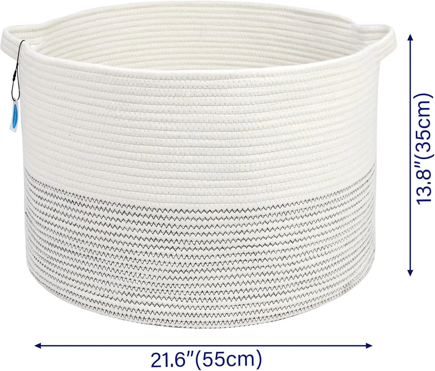 Casaphoria XXXLarge Cotton Rope Basket 21.7" x 21.7" x 13.8" Woven Laundry Basket for Blankets Storage Basket with Handle Comforter Cushions Storage Bins Thread Hamper-Black Stitch, White (MB2021039)