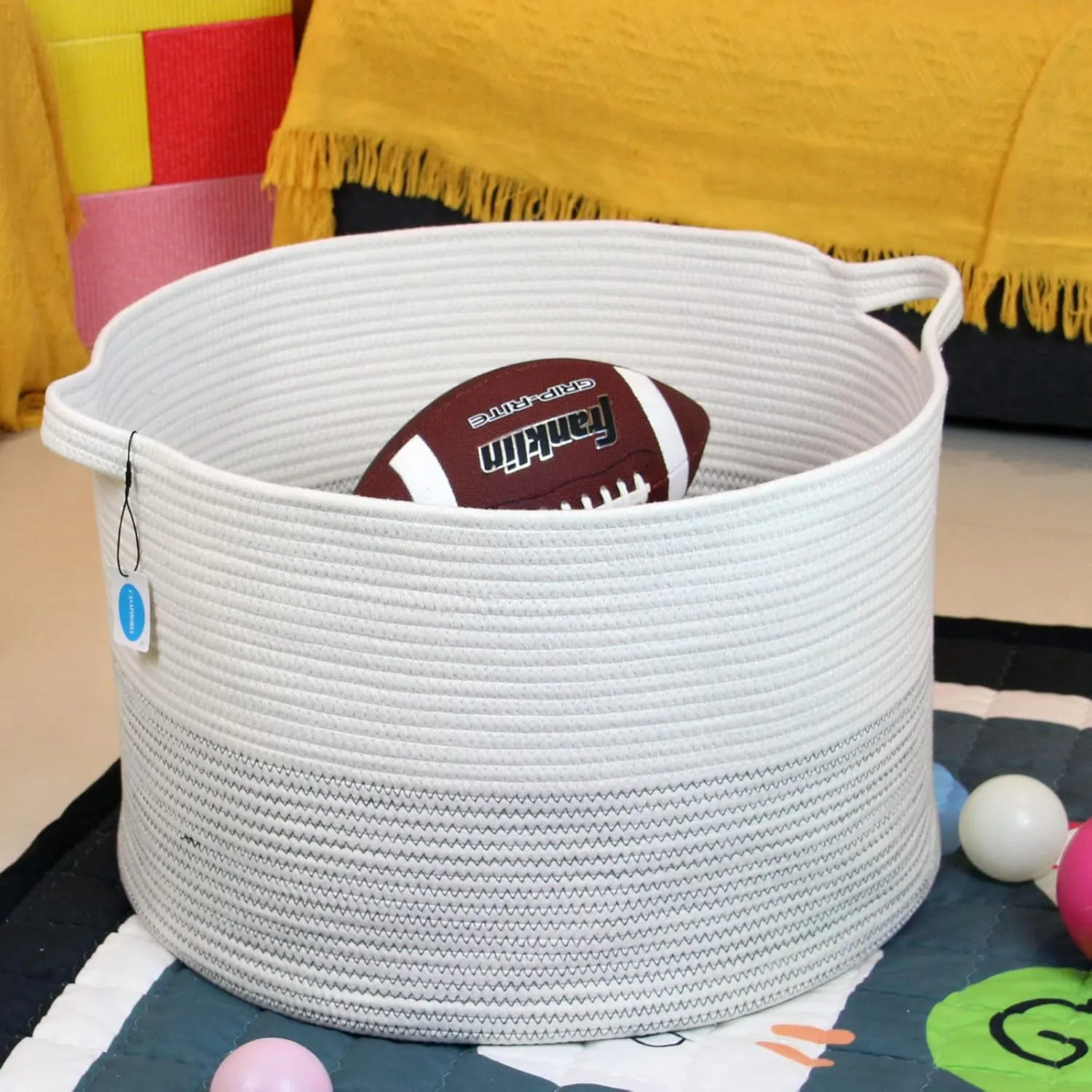 Casaphoria XXXLarge Cotton Rope Basket 21.7" x 21.7" x 13.8" Woven Laundry Basket for Blankets Storage Basket with Handle Comforter Cushions Storage Bins Thread Hamper-Black Stitch, White (MB2021039)