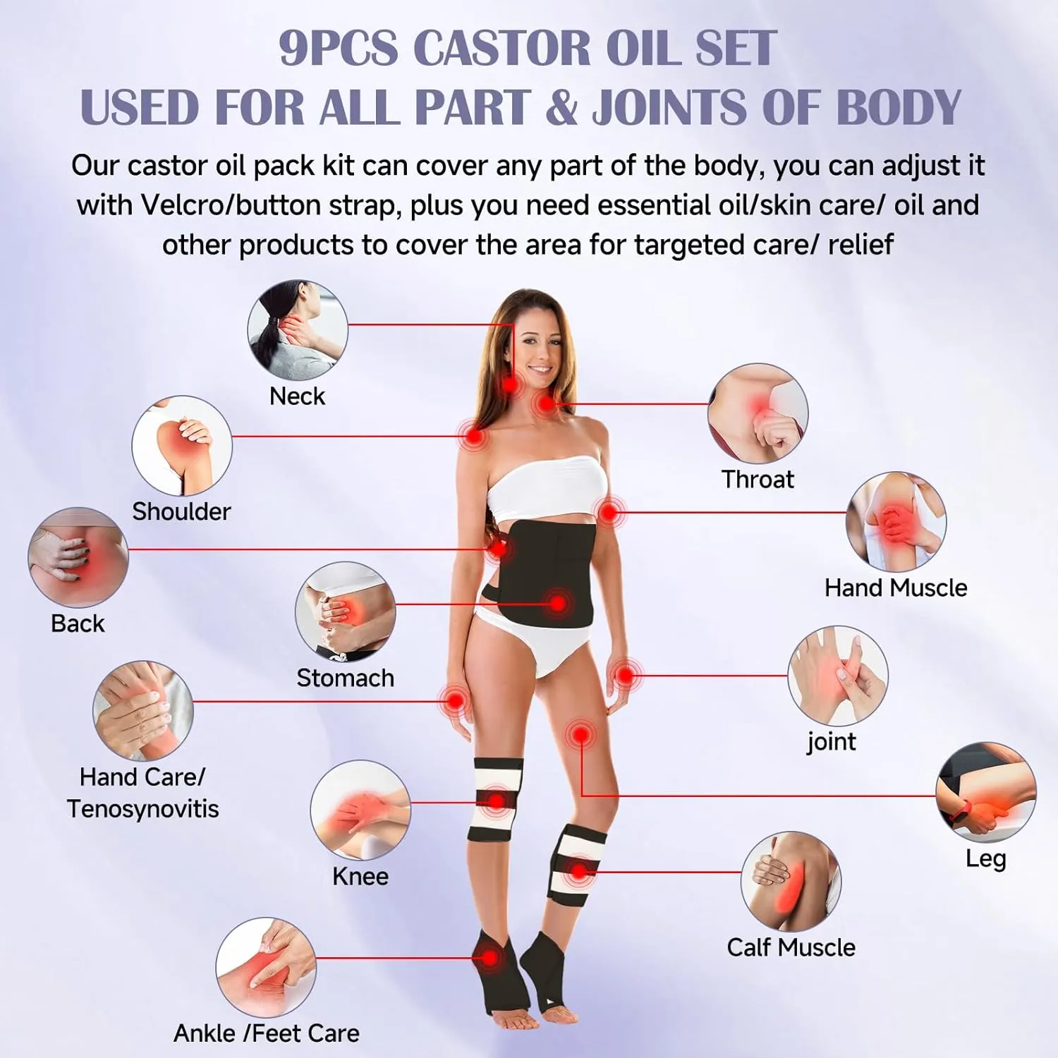 Castor Oil Pack Wrap, 9 Pcs Organic Castor Oil Packs Kit for Entire Body Neck Shoulder Waist Back Hand Knee Leg and Feet, Reusable Pads Kit for Hot/Cold Castor Oil Compress for Woman/Man【Black】