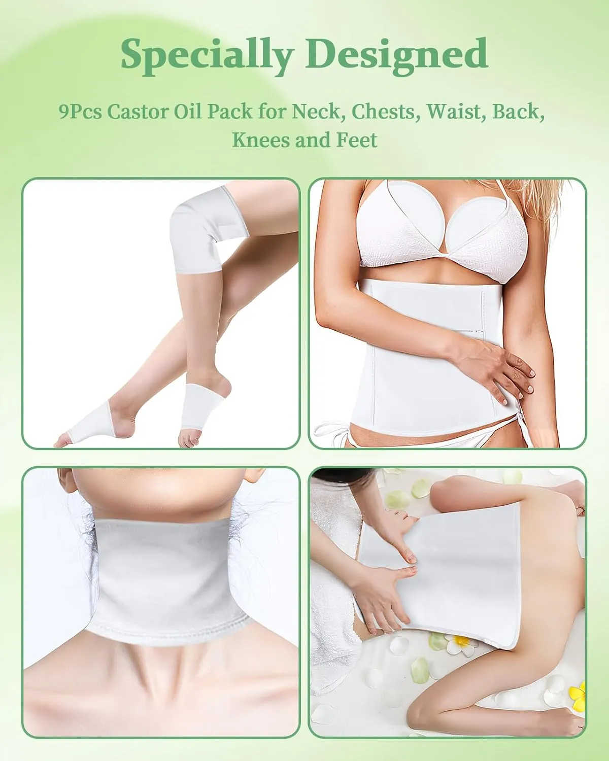 Castor Oil Pack Wrap, 9 Pcs Reusable Organic Castor Oil Pack Kit for Neck Chest Waist Back Knee and Feet, Adjustable Elastic Straps Castor Oil Compress Pads, Machine Washable Anti Oil Leak