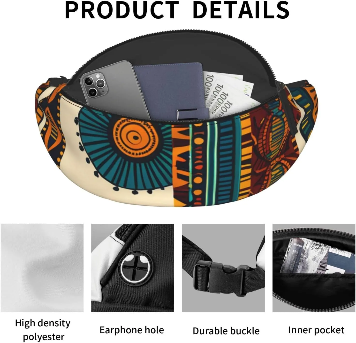 Casual African Ethnic Pattern Printed Fanny Pack,Crossbody Fanny packs for women Men Waist Bag for Running Travel