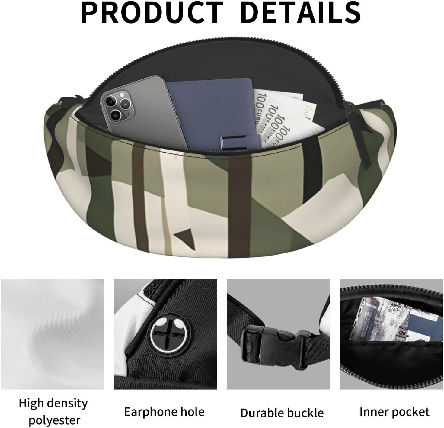 Casual Hardwoods Green Camo Printed Fanny Pack,Crossbody Fanny packs for women Men Waist Bag for Running Travel