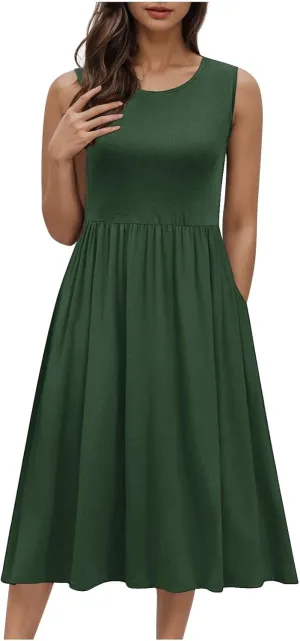 Casual Sun Dresses for Women Summer Trendy Crewneck Sleeveless Vacation Dresses A-Line Maxi Dress with Pockets