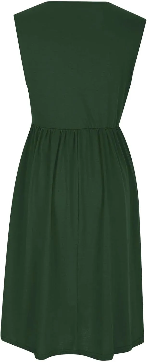 Casual Sun Dresses for Women Summer Trendy Crewneck Sleeveless Vacation Dresses A-Line Maxi Dress with Pockets