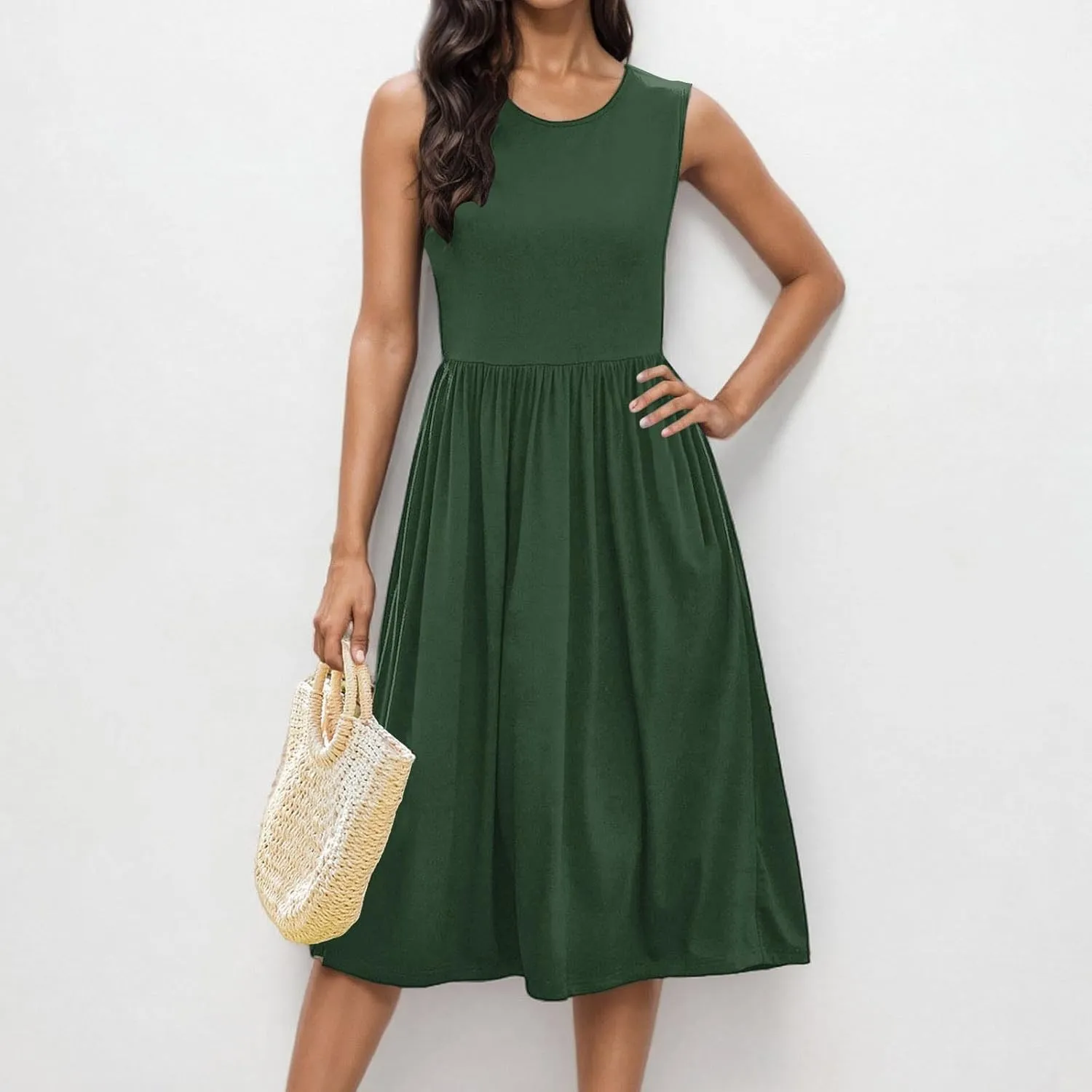 Casual Sun Dresses for Women Summer Trendy Crewneck Sleeveless Vacation Dresses A-Line Maxi Dress with Pockets