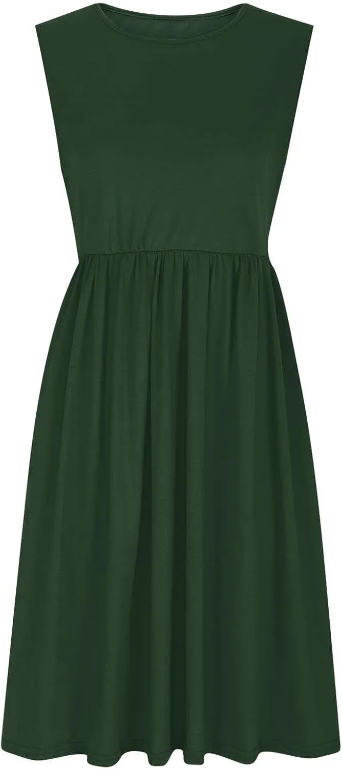 Casual Sun Dresses for Women Summer Trendy Crewneck Sleeveless Vacation Dresses A-Line Maxi Dress with Pockets